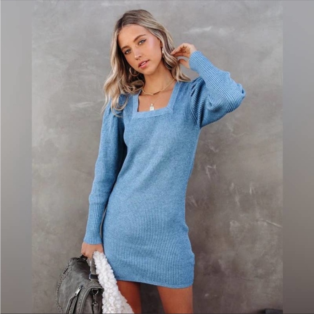 VICI- Sapphire Ribbed Square Neck Sweater Dress- Dusty Blue